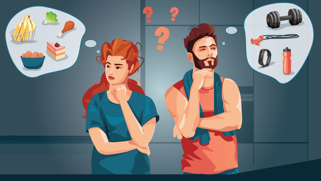 Frau denkt über verschiedene Lebensmittel nach. Mann denkt über verschiedenes Trainingsequipment nach.